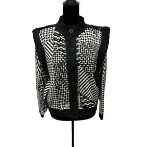 INCREDIBLE Vintage Cardigan Sweater By Bendi Black White Houndstooth Pattern SM